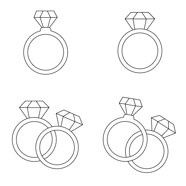 Verzameling van vector schattige lijnstijl verlovingsringen Gekleurde geïsoleerde ring op witte achtergrond