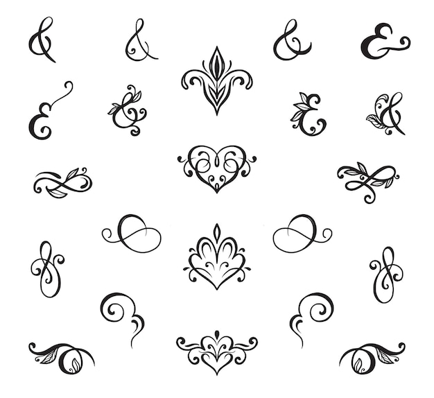 Verzameling van vectorhandgetekende krullen en ampersand-formulieren voor ontwerpframes, uitnodigingen, wenskaartenmenu