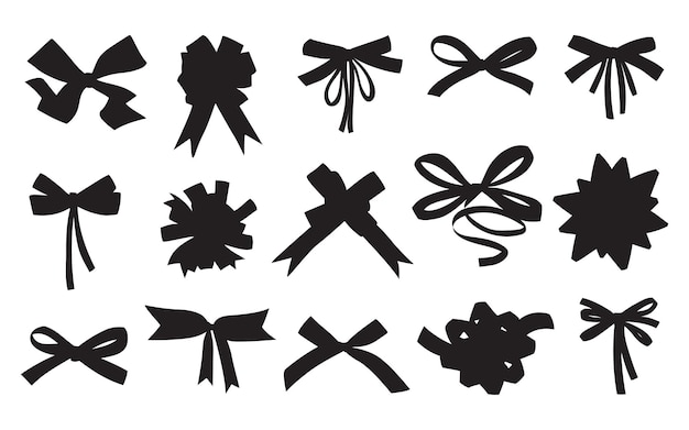 Verzameling van vectorillustraties van verschillende silhouetten van strikken en linten, geïsoleerde zwarte elementen