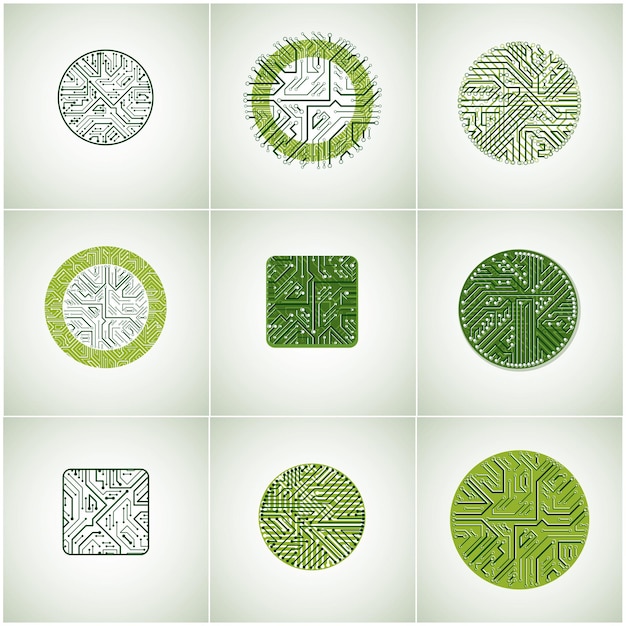 Verzameling van vectormicrochipontwerpen, cpu. Informatiecommunicatietechnologie-elementen, groene printplaten in de vorm van vierkant en cirkel.