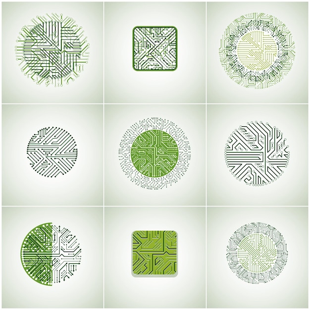 Verzameling van vectormicrochipontwerpen, cpu. Informatiecommunicatietechnologie-elementen met multidirectionele pijlen, printplaten in de vorm van vierkant en cirkel.