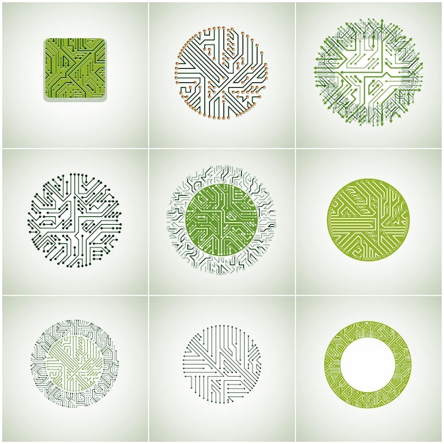 Verzameling van vectormicrochipontwerpen, cpu. Informatiecommunicatietechnologie-elementen met multidirectionele pijlen, printplaten in de vorm van vierkant en cirkel.