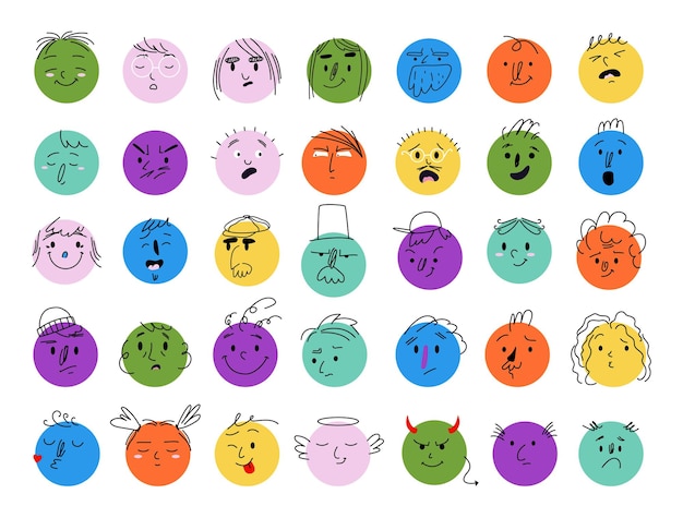 Verzameling van veelkleurige emoticons met lineaire grafische elementen