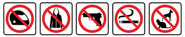 Verzameling van verbodsborden voor openbare plaatsen Geen helm Geen jas Geen wapen Niet roken en geen huisdieren