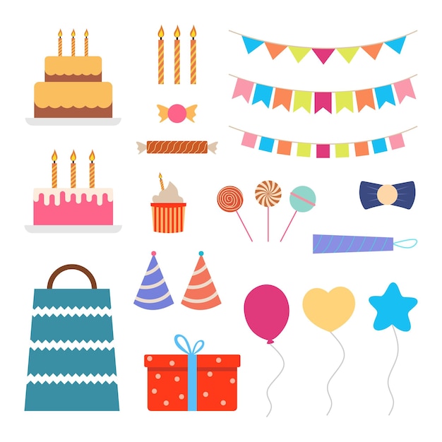 Verzameling van verschillende feestelijke elementen voor een verjaardagsfeest kleurrijke verjaardagsornamenten apparatuur