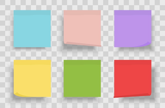Verzameling van verschillende gekleurde vellen notitiepapier met gekrulde hoek en schaduwen Set van multicolor notities geïsoleerd op transparante achtergrond sjabloon voor uw projecten vectorillustratie