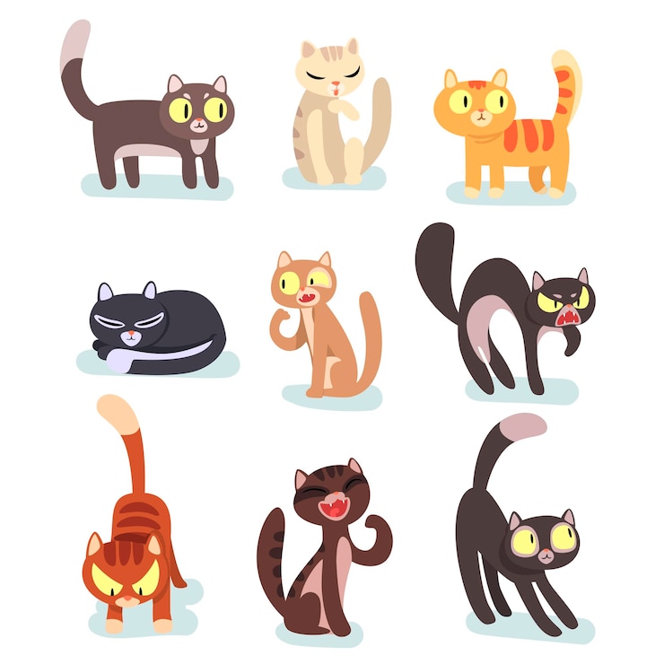 Vector verzameling van verschillende katten grappige stripfiguren huisdieren schattige huisdieren grafische elementen voor postersticker of mobiel spel kleurrijk plat vectorontwerp geïsoleerd op witte achtergrond