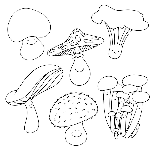 Verzameling van verschillende schattige lachende paddenstoelen in lineaire stijl