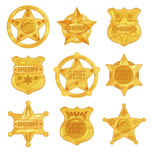 Vector verzameling van verschillende sheriff s gouden badges in modern plat design. politie-emblemen in ster- en cirkelvormen.