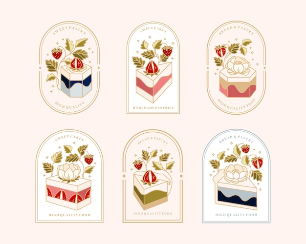 Verzameling van vintage cake-logo en voedseletiket met aardbei