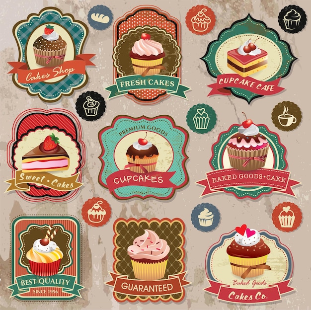 Verzameling van vintage retro verschillende cupcakes etiketten, insignes en iconen