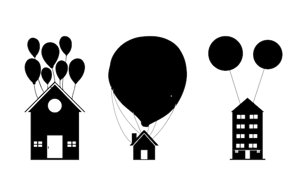 Verzameling van vliegend huis met ballonsilhouet