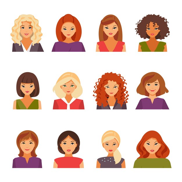 Verzameling van vrouwelijke avatars met verschillende soorten uiterlijk. kapsels van vrouwen