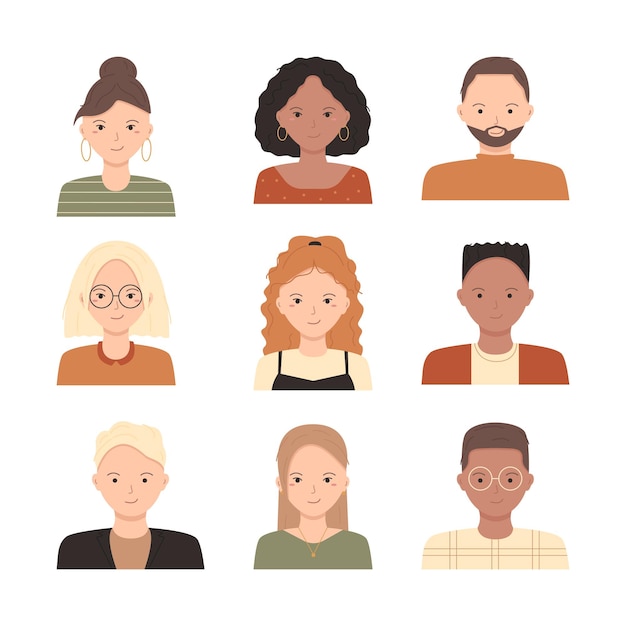 Verzameling van vrouwelijke mannelijke avatars van verschillende nationaliteiten in cartoonstijl