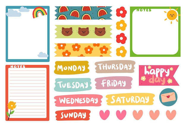 verzameling van wekelijkse en dagelijkse plannerstickers, notities, takenlijst, met letters en schattig pictogram