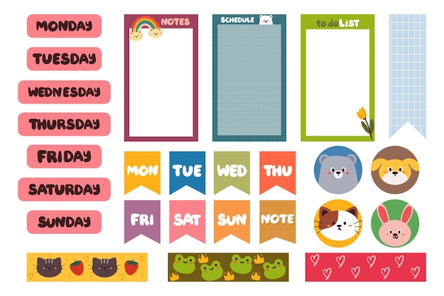 Verzameling van wekelijkse of dagelijkse planner-sticker om lijststickers-sjablonen te doen Schoolplanner