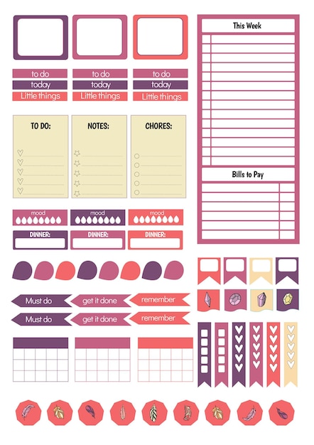 Verzameling van wekelijkse of dagelijkse planners notitiepapier om lijsten te maken stickersjablonen versierd met schattige cosmetische illustraties en trendy belettering