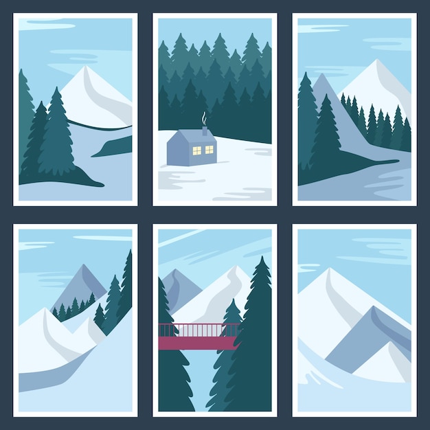 Verzameling van winterlandschap posters. Vector illustraties