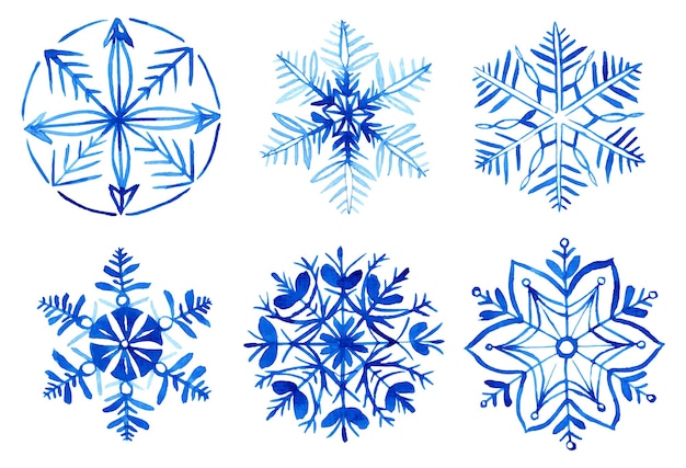 Verzameling van zes sneeuwvlokken in aquarel geïsoleerd op wit Symbool van de winter