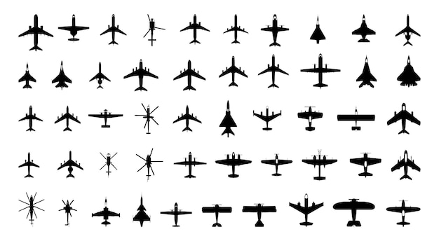 Verzameling van zwart-wit iconen van luchtvaartvervoer