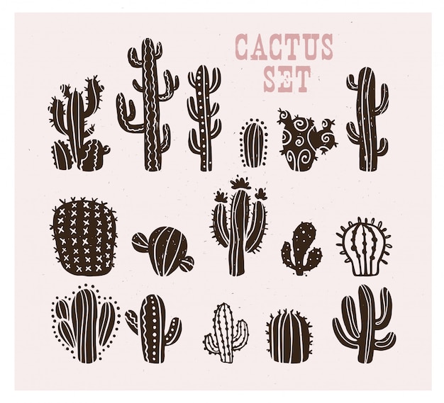 verzameling van zwarte hand getrokken cactus schets collectie geïsoleerd. Platte cactus icon set. Natuur elementen illustratie.