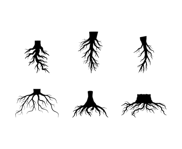 Verzameling van zwarte silhouet wortels boom illustraties