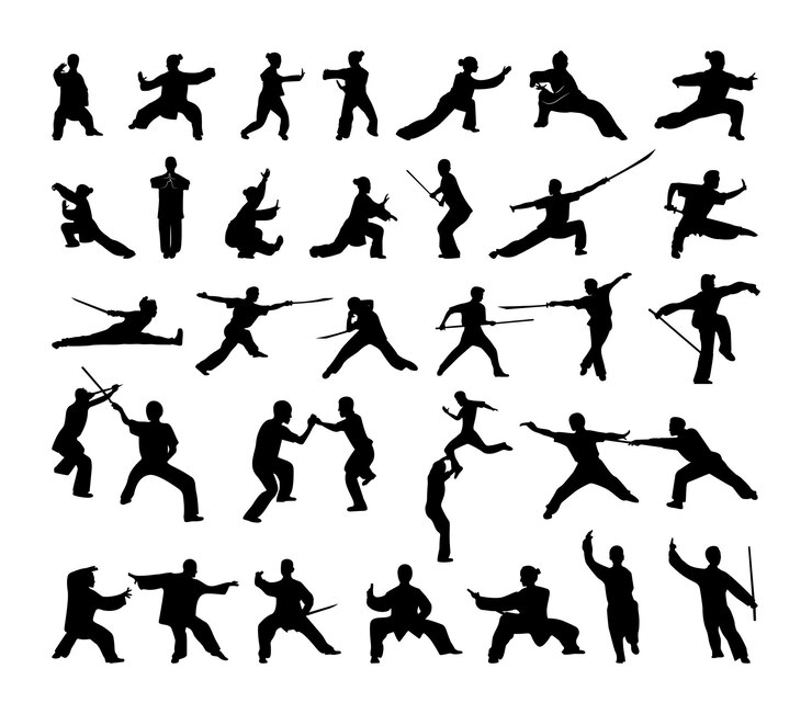 Vector verzameling van zwarte silhouetten van wushu-atleten. teken schaduw illustraties.