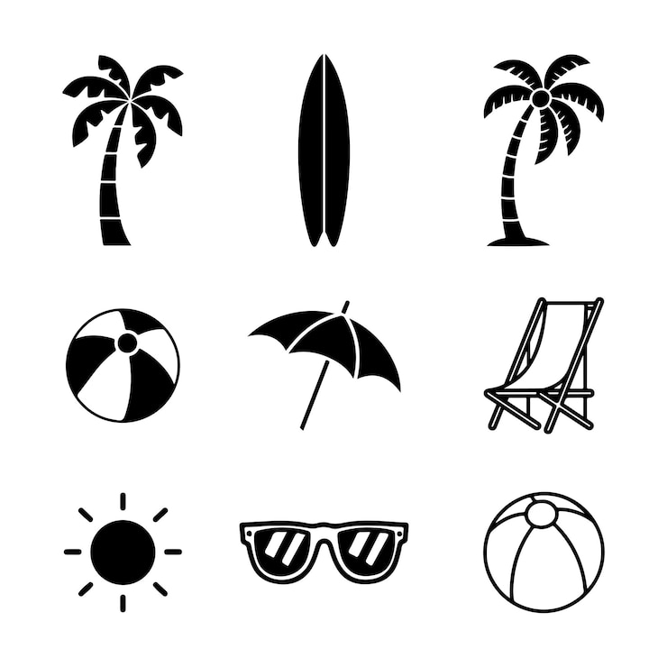 Vector verzameling zomer strand iconen inclusief een paraplu een palmboom een stoel silhouet vector