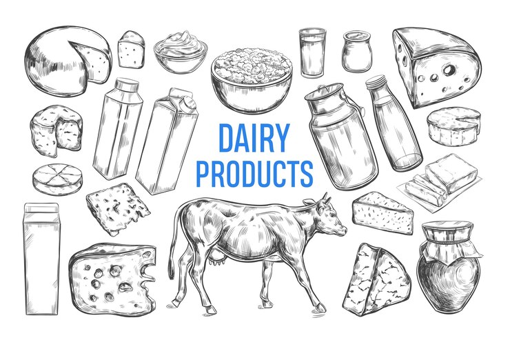 Verzameling zuivelproducten. Koe, melkproducten, boerderijvoedsel