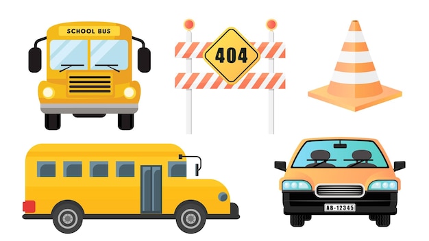 Verzamelset van transportobject schoolbus auto wegversperring verkeerskegel