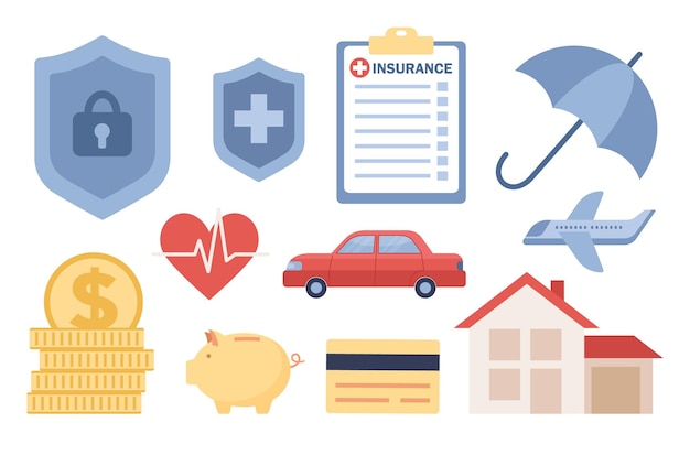 Verzekering pictogramserie. auto, eigendom, reizen, ongeval, beleid, leven, medische verzekering. vector plat
