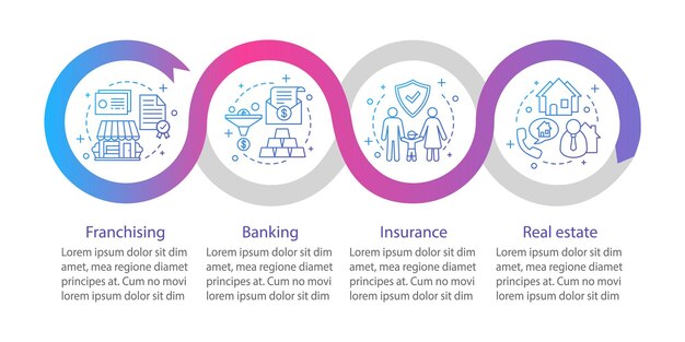 Verzekering vector infographic sjabloon Investering Financiën Bankwezen franchising onroerend goed Gegevensvisualisatie met vier stappen en opties Proces tijdlijngrafiek Werkstroomlay-out met pictogrammen