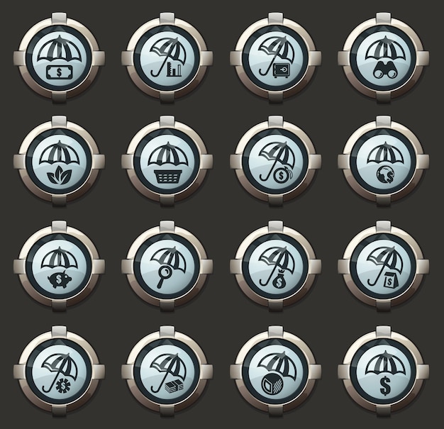 Verzekeringsvectorpictogrammen in de stijlvolle ronde knoppen voor mobiele applicaties en web