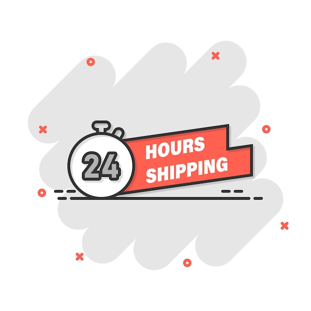 Verzending 24 uur pictogram in komische stijl Levering countdown cartoon vector illustratie op geïsoleerde achtergrond Snelle service tijd splash effect teken bedrijfsconcept