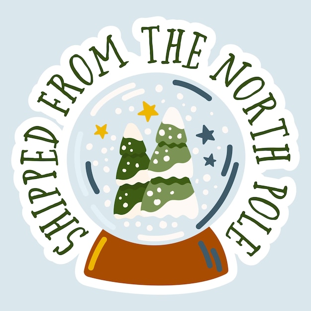 Verzonden vanaf de Noordpool. Sneeuwbol clipart. Kerst kleine zakelijke verpakking vector sticker