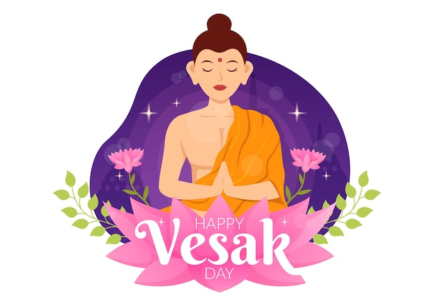 Vesak day celebration vector illustration con lotus flower lantern o buddha person