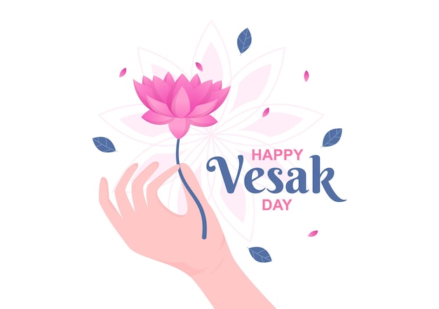 Vesak Day Celebration with Temple Silhouette Lantern or Lotus Flower Decoration in Illustration
