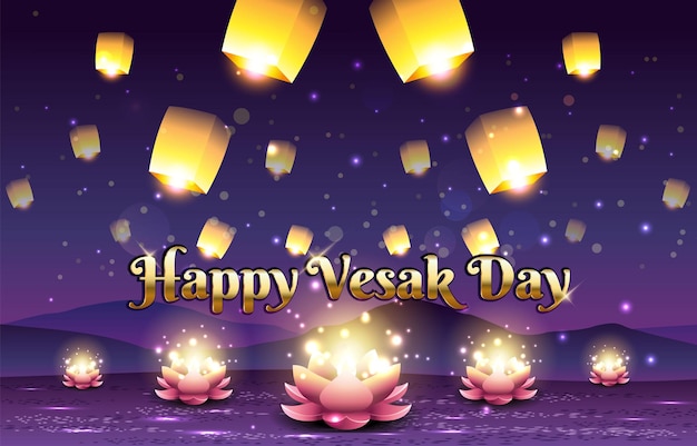 Vector vesak day with lotus candle and lanterns