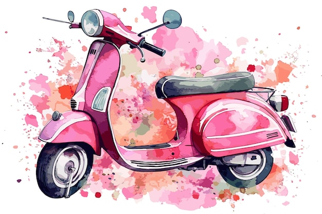 Scooter rosa stile vespa con fiori nel bagagliaio vettore acquerello isolato su sfondo bianco