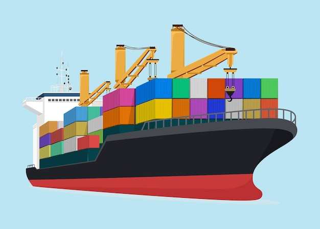 Vector vessel ship container cargo port transportation shipping vector illustration freight crane transport