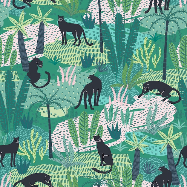 Vector vestor seamless pattern with panthers and tropical leaves.