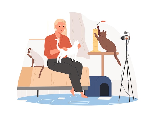 Ветеринар-блогер сидит перед камерой с кошками и записывает видеоблог о животных, домашних животных. Зоопсихолог создает контент для влога. Цветная плоская векторная иллюстрация на белом фоне.
