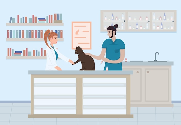 Vet clinic. Depicted on the side are doctors giving an injection to a cat. Treatment of animals.