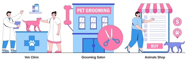 Vet clinic grooming salon online pet shop with people characters illustrations pack