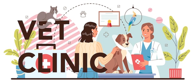 Vector vet clinic typographic header veterinary doctor checking and treating animal idea of pet care animal medical treatment and vaccination vector flat illustration