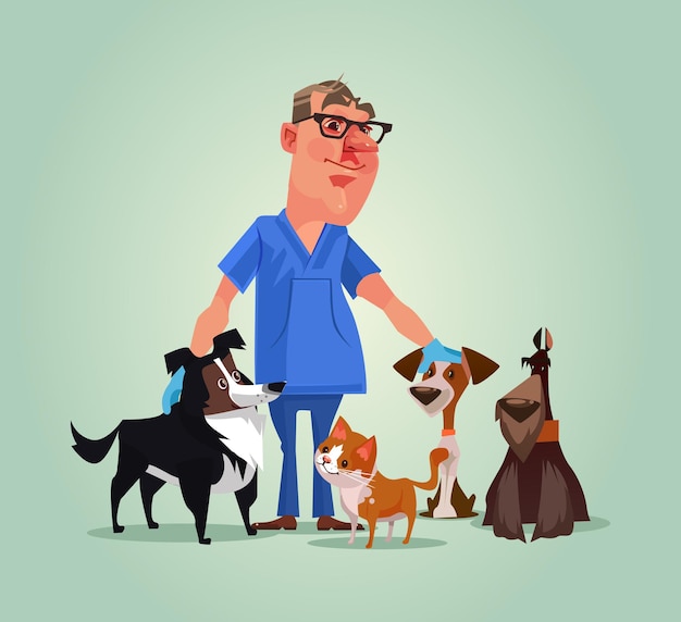 Vet doctor character with cats and dogs cartoon illustration