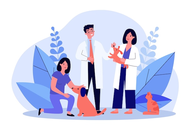 Vet doctor and his assistant examining dogs and cat