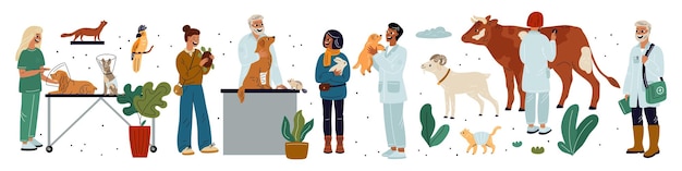 Vector vet doctors with animals cartoon veterinarians examining cute pets domestic livestock funny dogs and cats treatment people take care of hare and goat veterinary medical clinic garish vector set