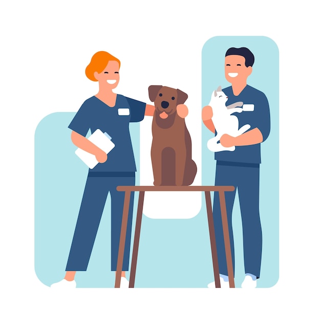 Vector vet hospital happy veterinarians man and woman caring of animals employees of veterinary clinic with cat and dog pets health checkup kitty and puppy examination vector concept