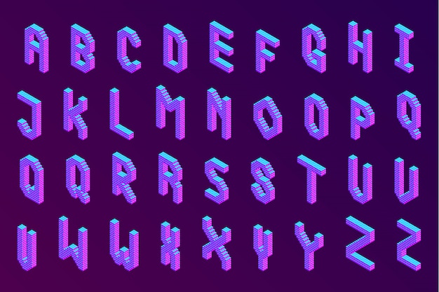 Vector vet kleurrijke isometrische pixel 3d lettertype